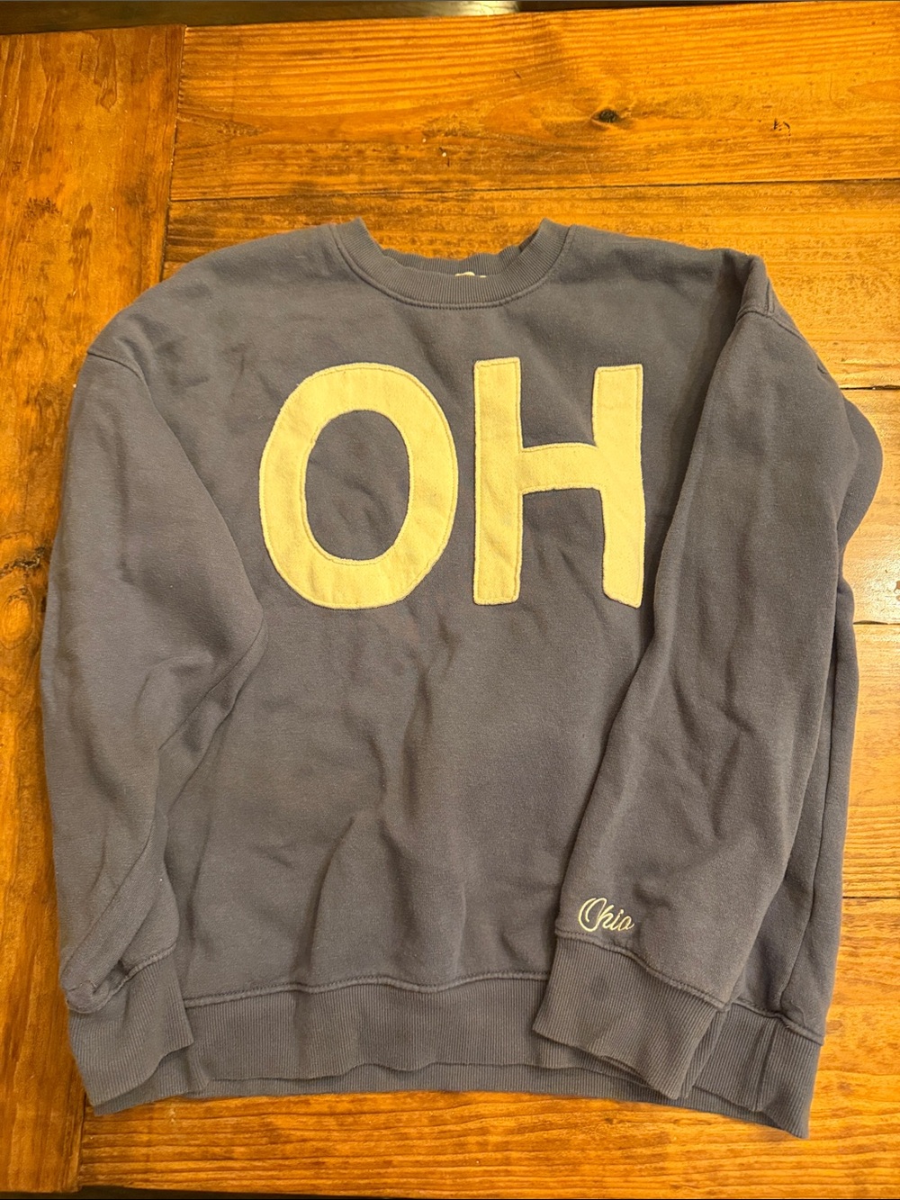State of Mind Blue Crewneck Sweater with Cream 'OH' Applique